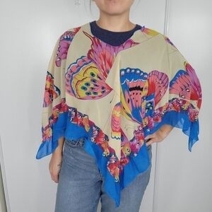 Vintage Sheer Butterfly Handkerchief Poncho Top Cover‎ Up Mulitcolor Flutter